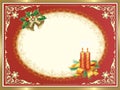 Happy Christmas and Happy New Year 2020. Greeting Christmas card with candles and bells background snowflakes beige oval. Vector d Royalty Free Stock Photo